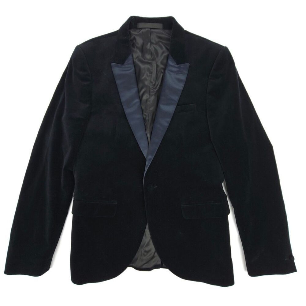 NEW Topman Skinny Velvet Tuxedo Suit Jacket Black Navy Satin Cocktail Formal 38